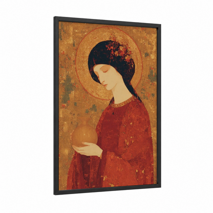 Contemplative Magdalena framed mary magdalena print — black wood frame — gold and red palette