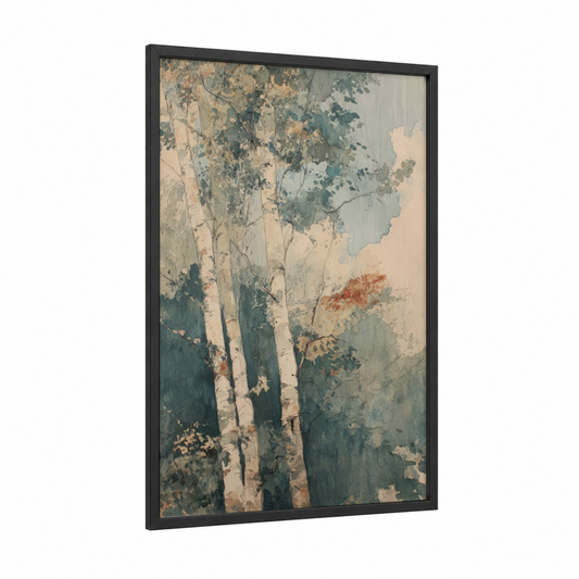 Misty Birch Forest framed art print — black wood frame — sage green and beige palette