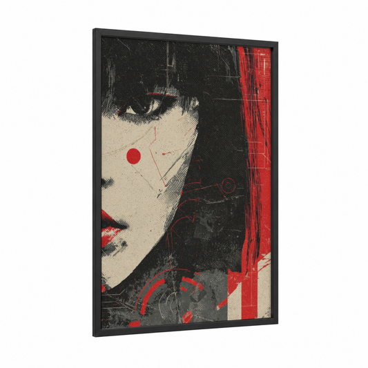 Neon Portrait Woman framed japanese retrofuturism print — black wood frame — red and black and white palette
