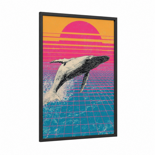 Neon Whale Leap framed blue whale print — black wood frame — magenta and teal palette
