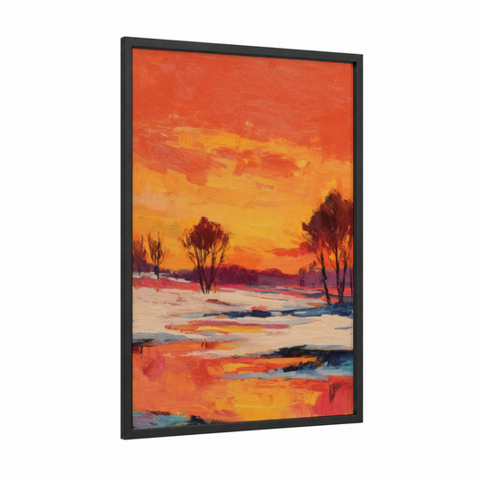 Golden Winter Sunset framed art print — black wood frame — orange and gold palette