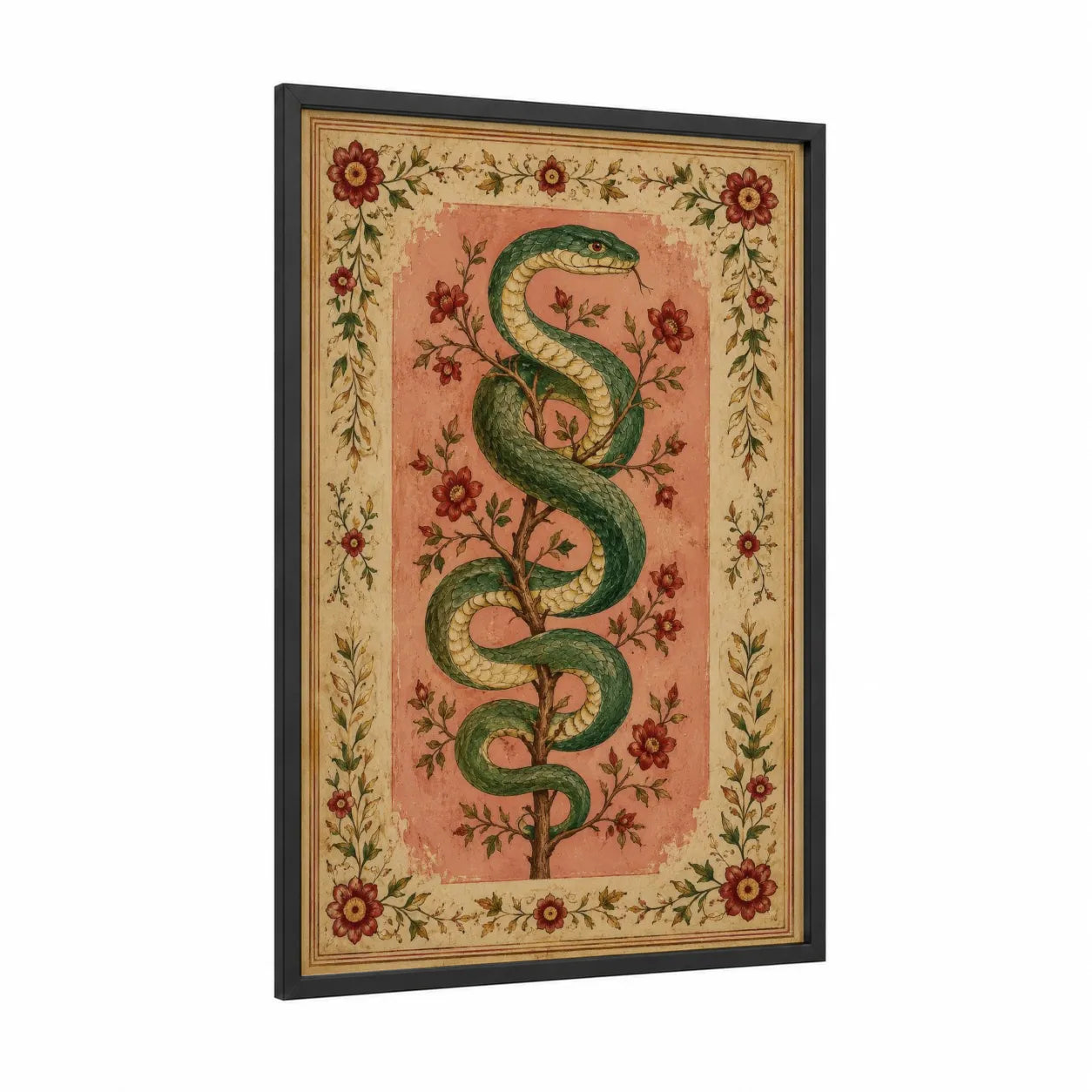 Botanical Snake Floral Border Wall Art framed art print — black wood frame — peach and green palette