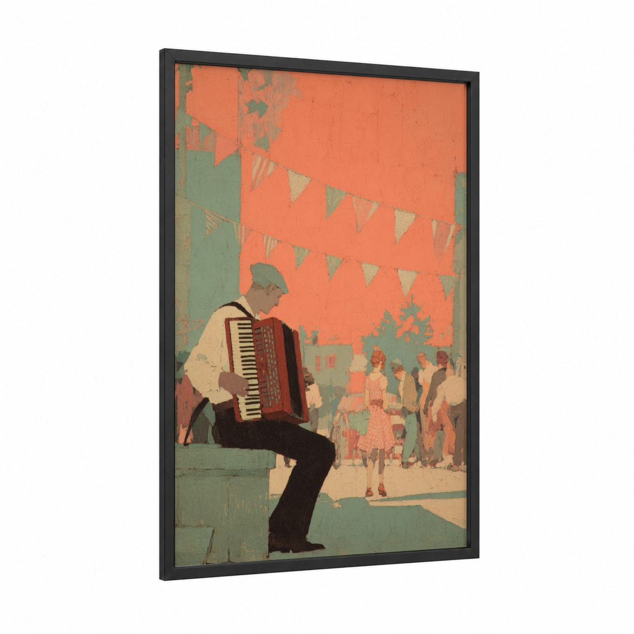 Street Accordion Player framed art print — black wood frame — pumpkin and sage green palette