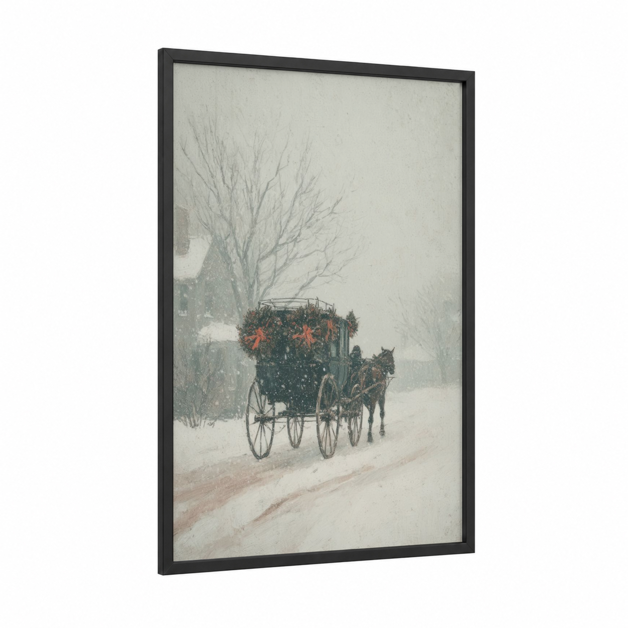 Holiday Wagon framed art print — black wood frame — white and gray palette