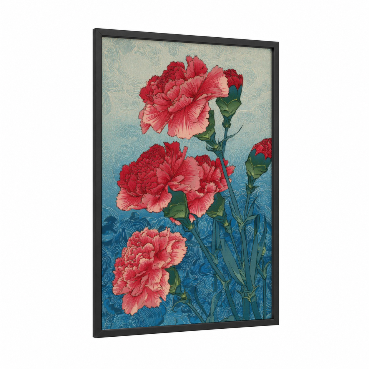 Crimson Carnation Waves framed carnations print — black wood frame — red and blue and white palette