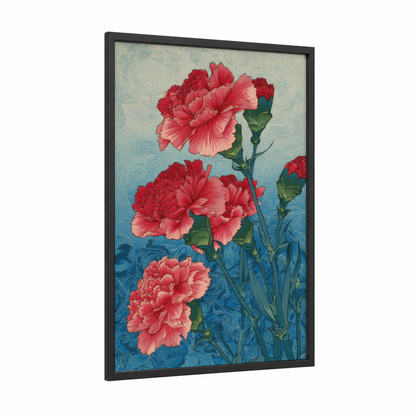 Crimson Carnation Waves framed carnations print — black wood frame — red and blue and white palette