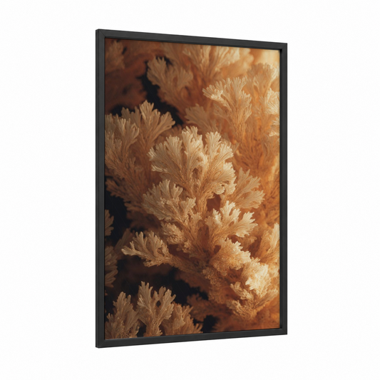 Golden Coral Garden framed art print — black wood frame — gold and cream palette