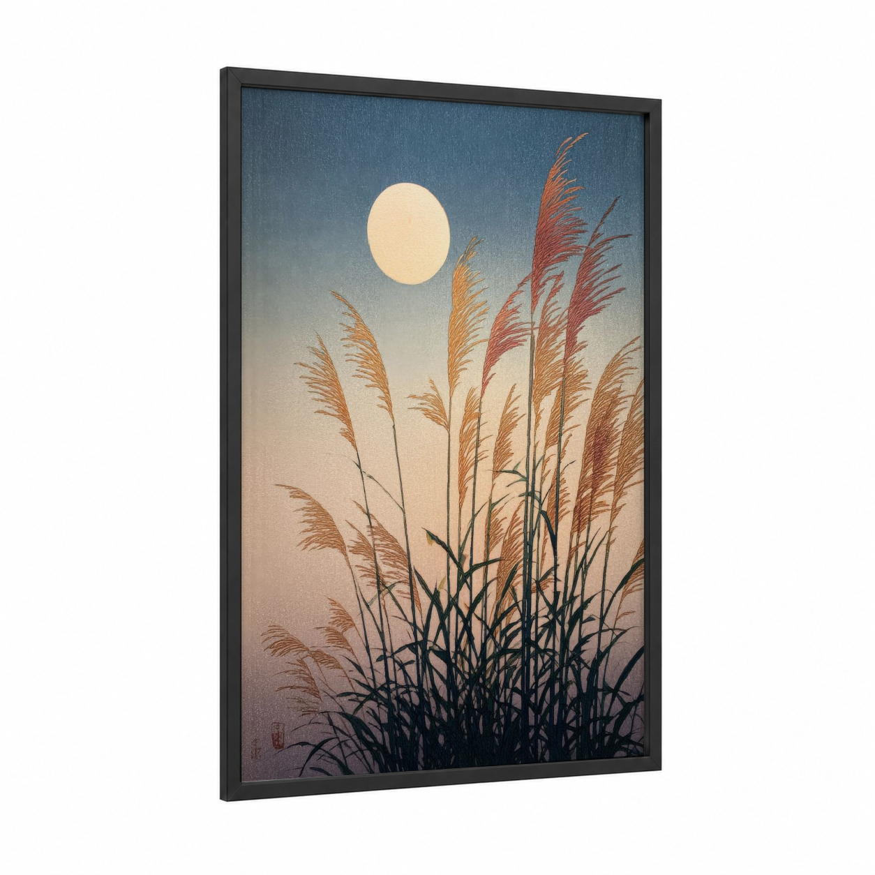Moonlit Grasses framed grain print — black wood frame — blue and gold palette