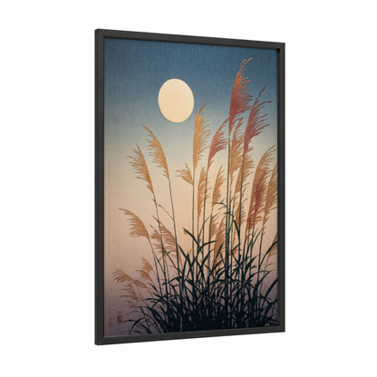 Moonlit Grasses framed grain print — black wood frame — blue and gold palette