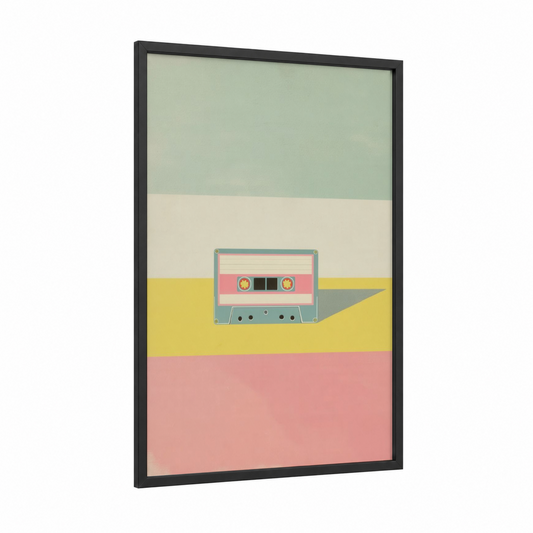 Retro Cassette framed casette print — black wood frame — salmon pink and light green palette