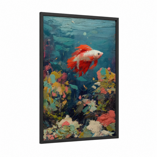 Crimson Betta Dance framed fighting fish print — black wood frame — teal and red palette