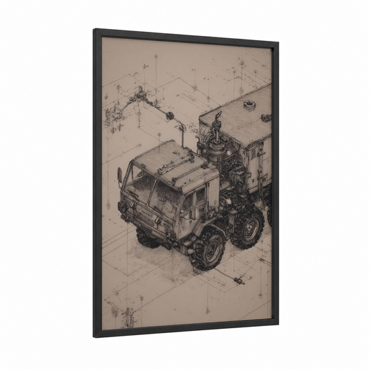 Industrial Truck Blueprint framed art print — black wood frame — beige and black and white palette