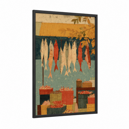 Drying Catch framed seafood print — black wood frame — gold and teal palette