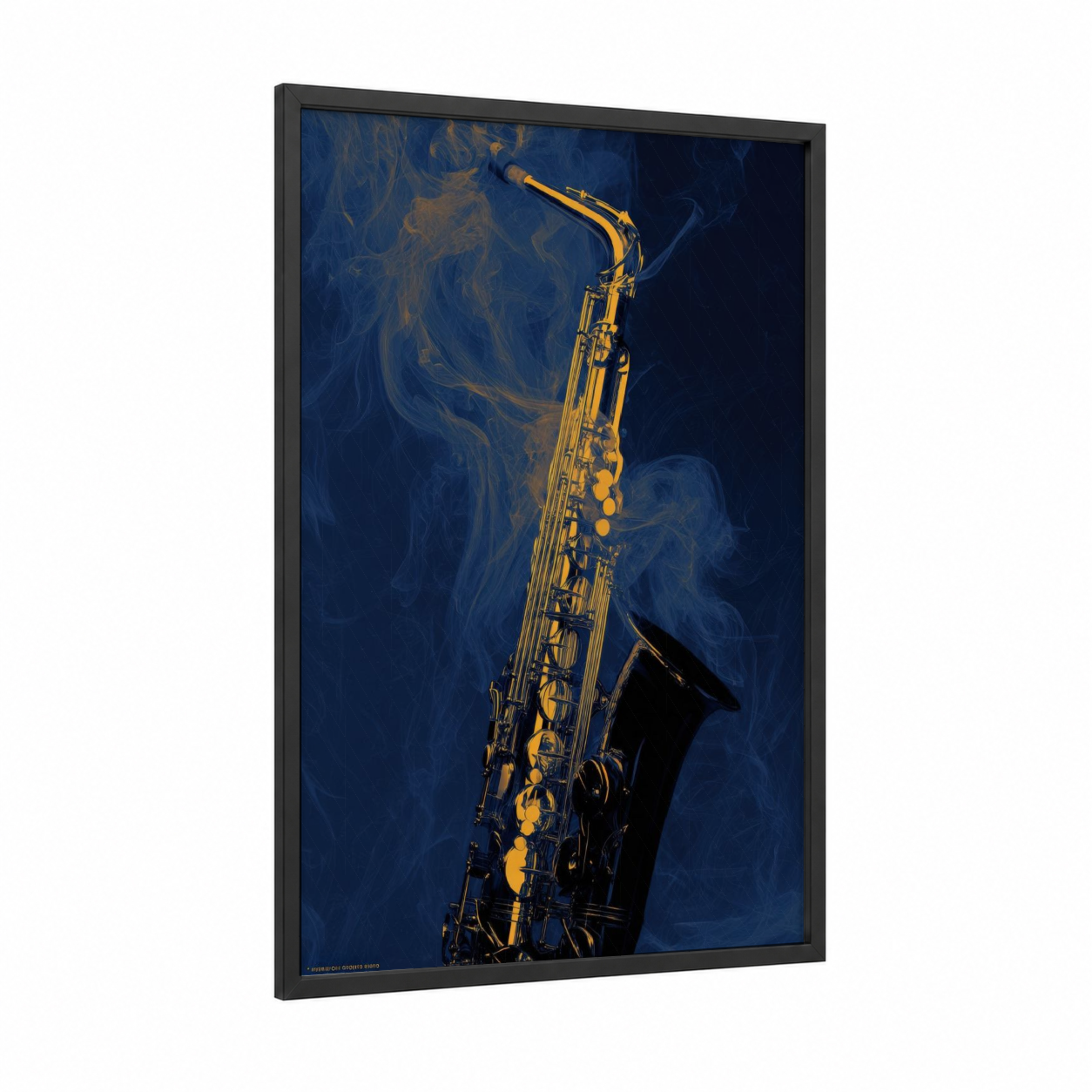 Golden Saxophone Jazz framed art print — black wood frame — dark blue and gold palette