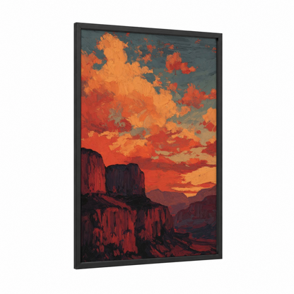 Crimson Dune Sunset framed art print — black wood frame — orange and red palette