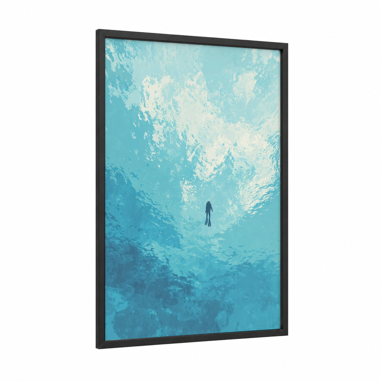 Ascent Diver framed diving print — black wood frame — blue and white palette