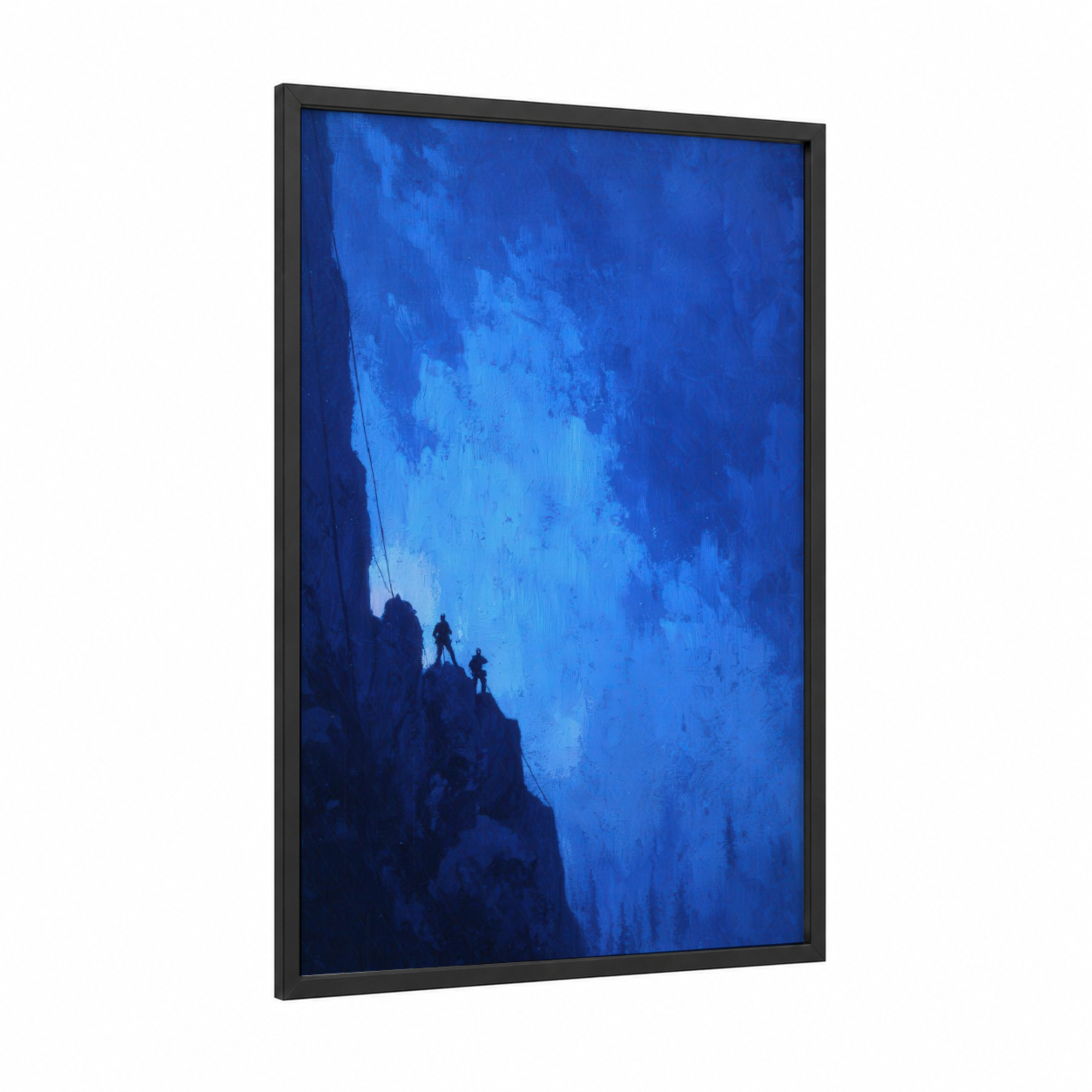 Alpine Ascent framed rock climbing print — black wood frame — blue and dark blue palette