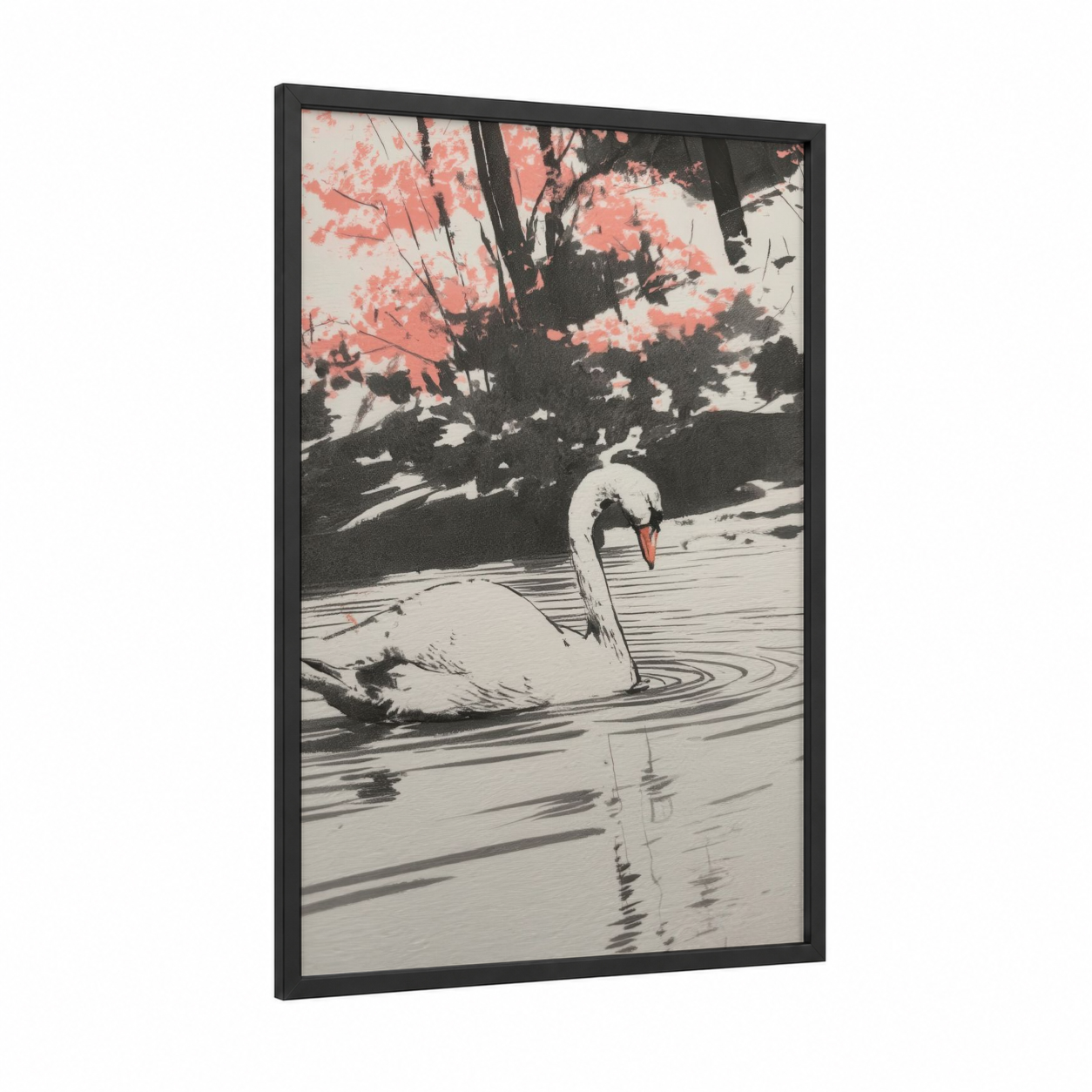 Graceful Swan Lake framed art print — black wood frame — black and white and salmon pink palette