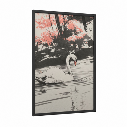 Graceful Swan Lake framed art print — black wood frame — black and white and salmon pink palette