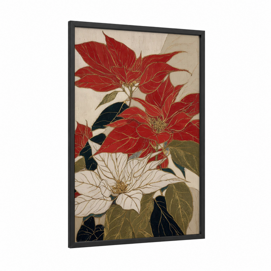 Crimson Poinsettias framed art print — black wood frame — red and gold palette