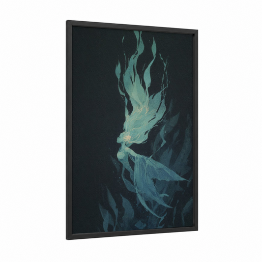 Luminous Mermaid framed art print — black wood frame — teal and blue and white palette