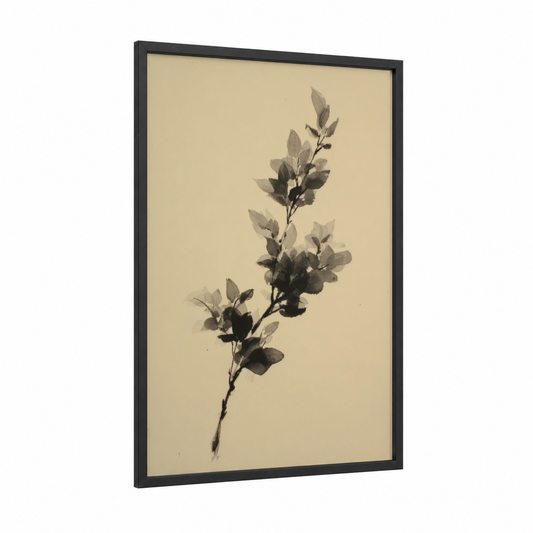 Delicate Lilac Branch framed art print — black wood frame — beige and gray palette