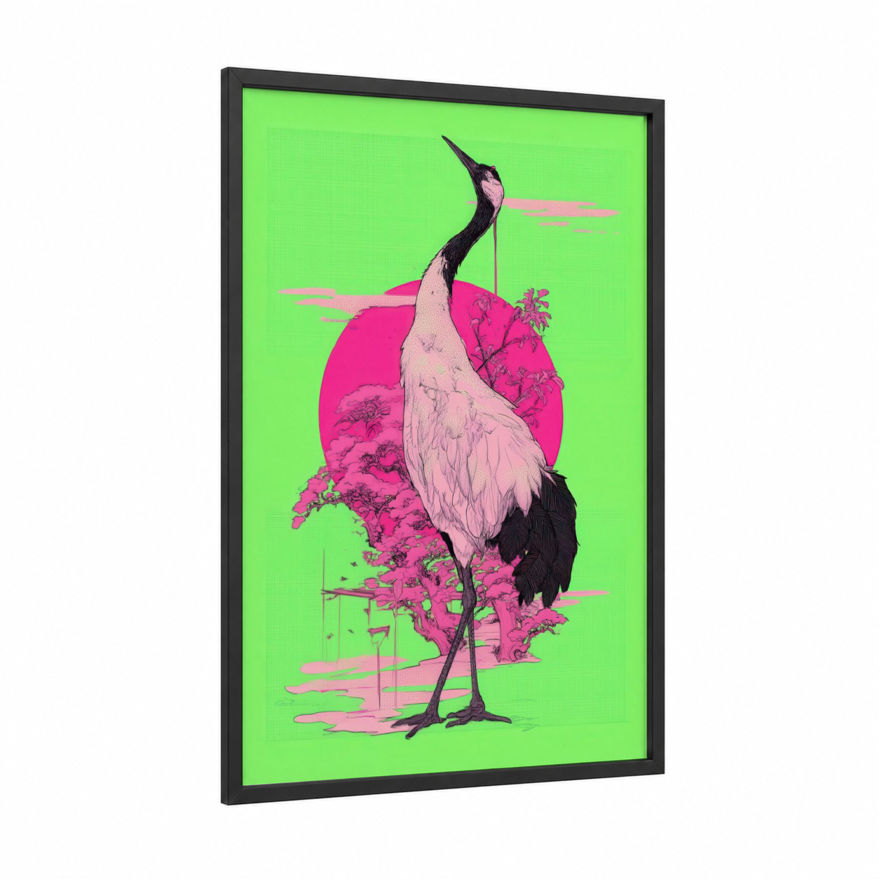 Pink Crane Zen framed art print — black wood frame — magenta and lime green palette