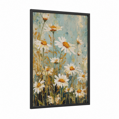 Rustic Daisy Field framed art print — black wood frame — blue and white and gold and white palette