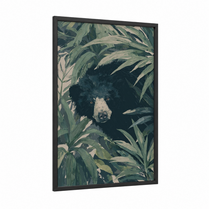 Forest Sloth Bear framed art print — black wood frame — dark green and cream palette