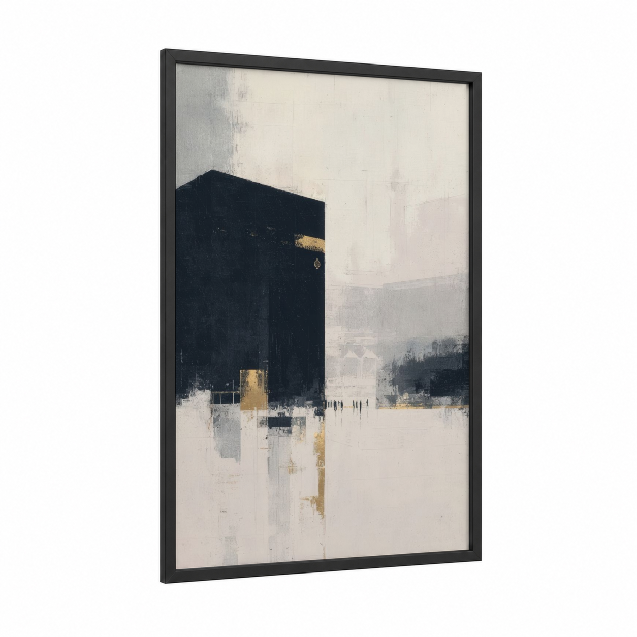 Sacred Geometry framed masjid al haram print — black wood frame — black and gold and white palette