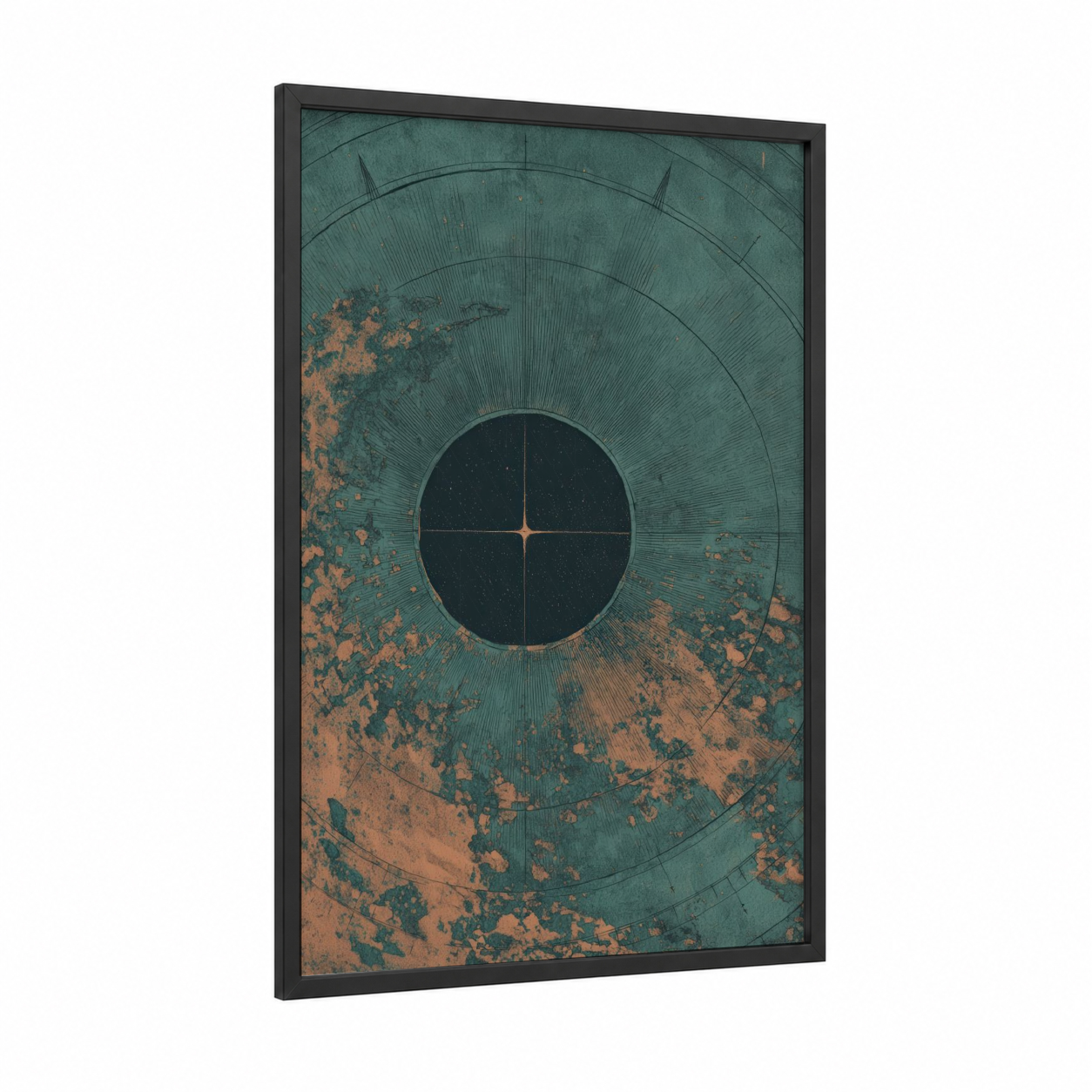 Vintage Compass framed art print — black wood frame — teal and russet palette