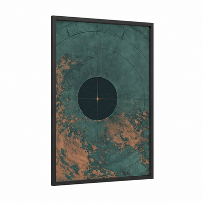Vintage Compass framed art print — black wood frame — teal and russet palette