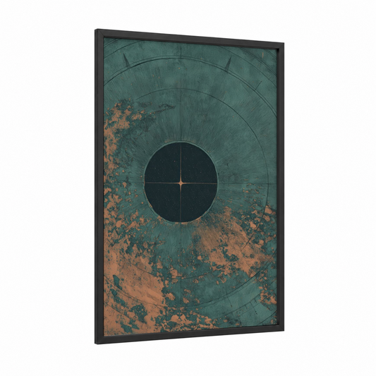 Vintage Compass framed art print — black wood frame — teal and russet palette