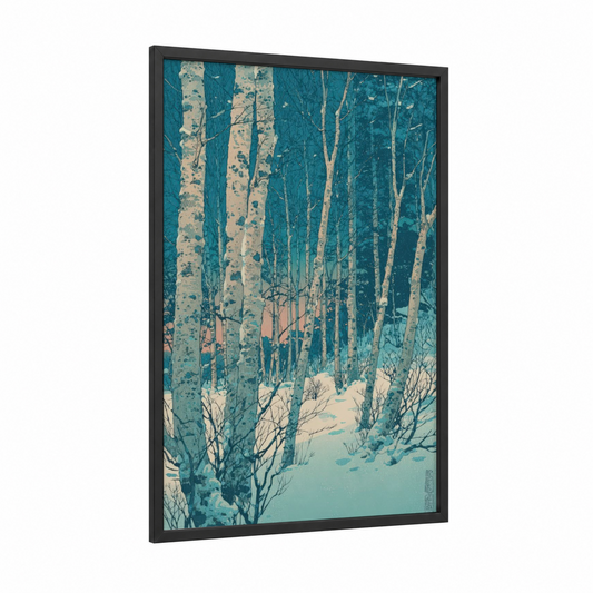 Snowy Birch Forest framed birch tree print — black wood frame — teal and cream palette