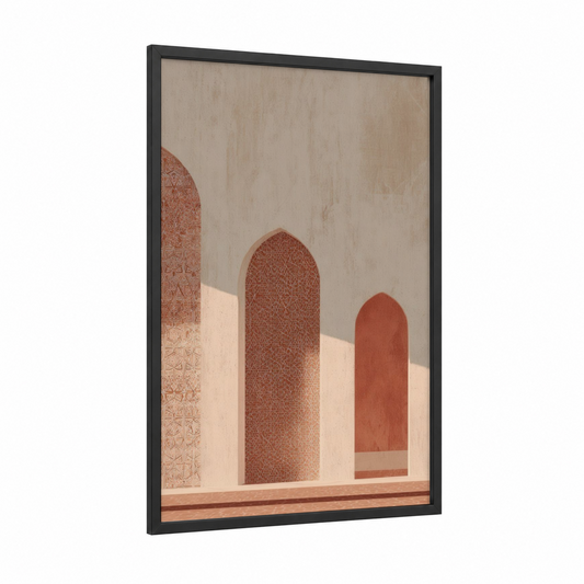 Terracotta Archways framed islam print — black wood frame — russet and cream palette
