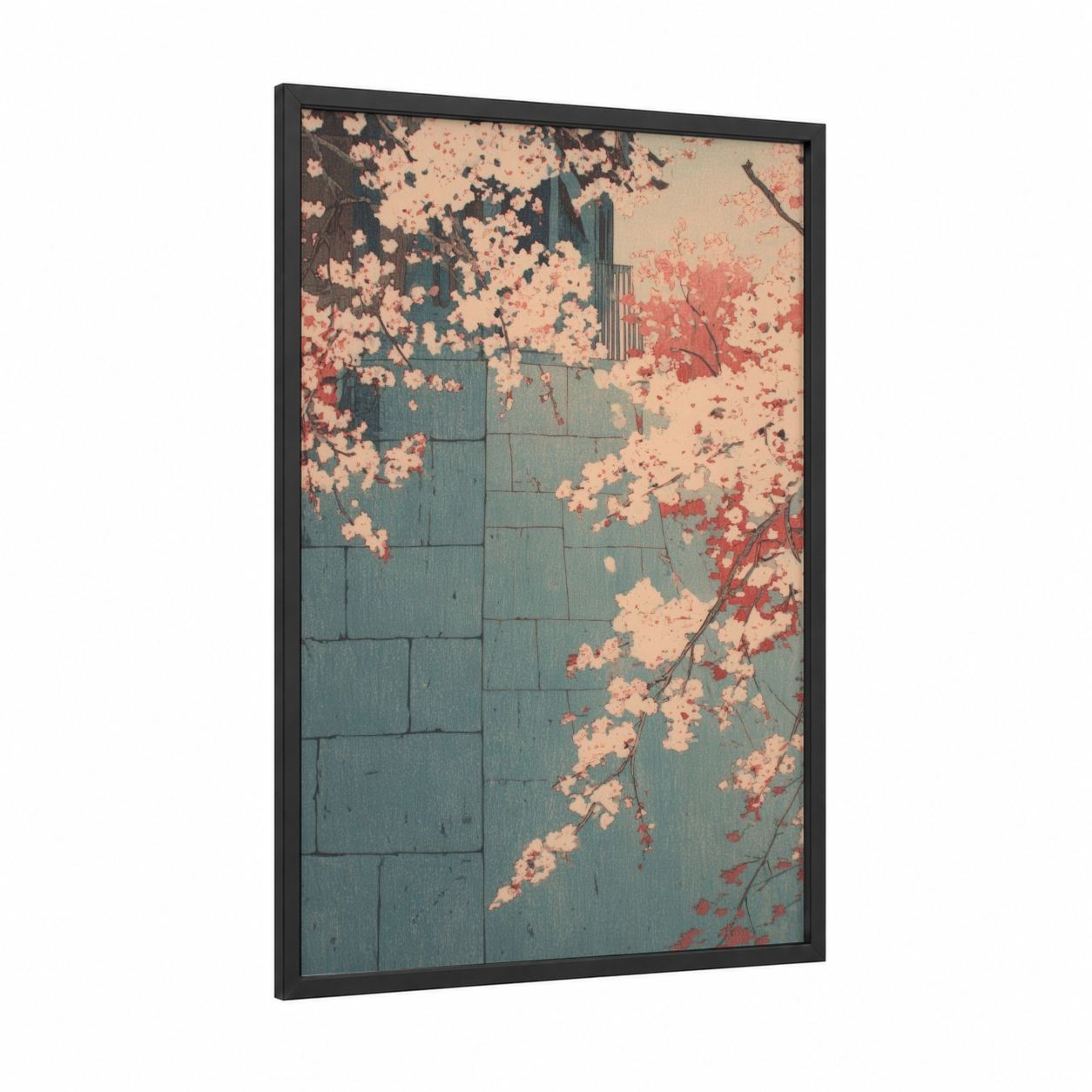 Blossom Masonry framed art print — black wood frame — teal and peach palette