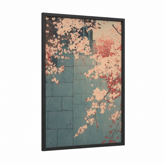 Blossom Masonry framed art print — black wood frame — teal and peach palette