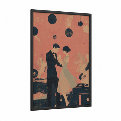 Retro Ballroom Dance framed retro pop print — black wood frame — peach and black palette