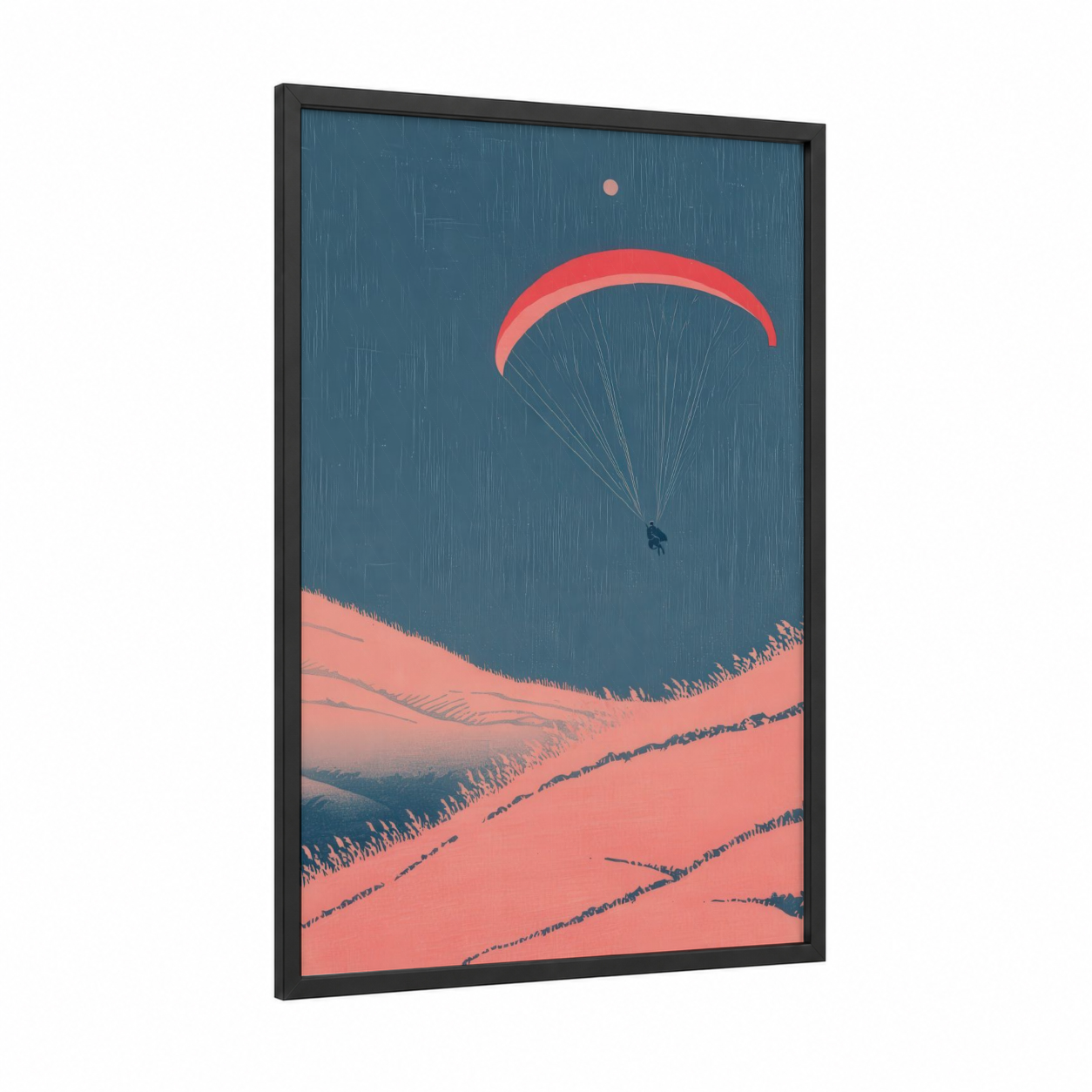 Desert Paraglider framed paragliding print — black wood frame — blue and salmon pink palette