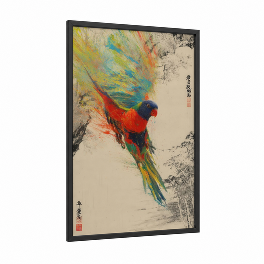 Crimson Lorikeet framed rainbow lorikeet print — black wood frame — red and yellow gold palette