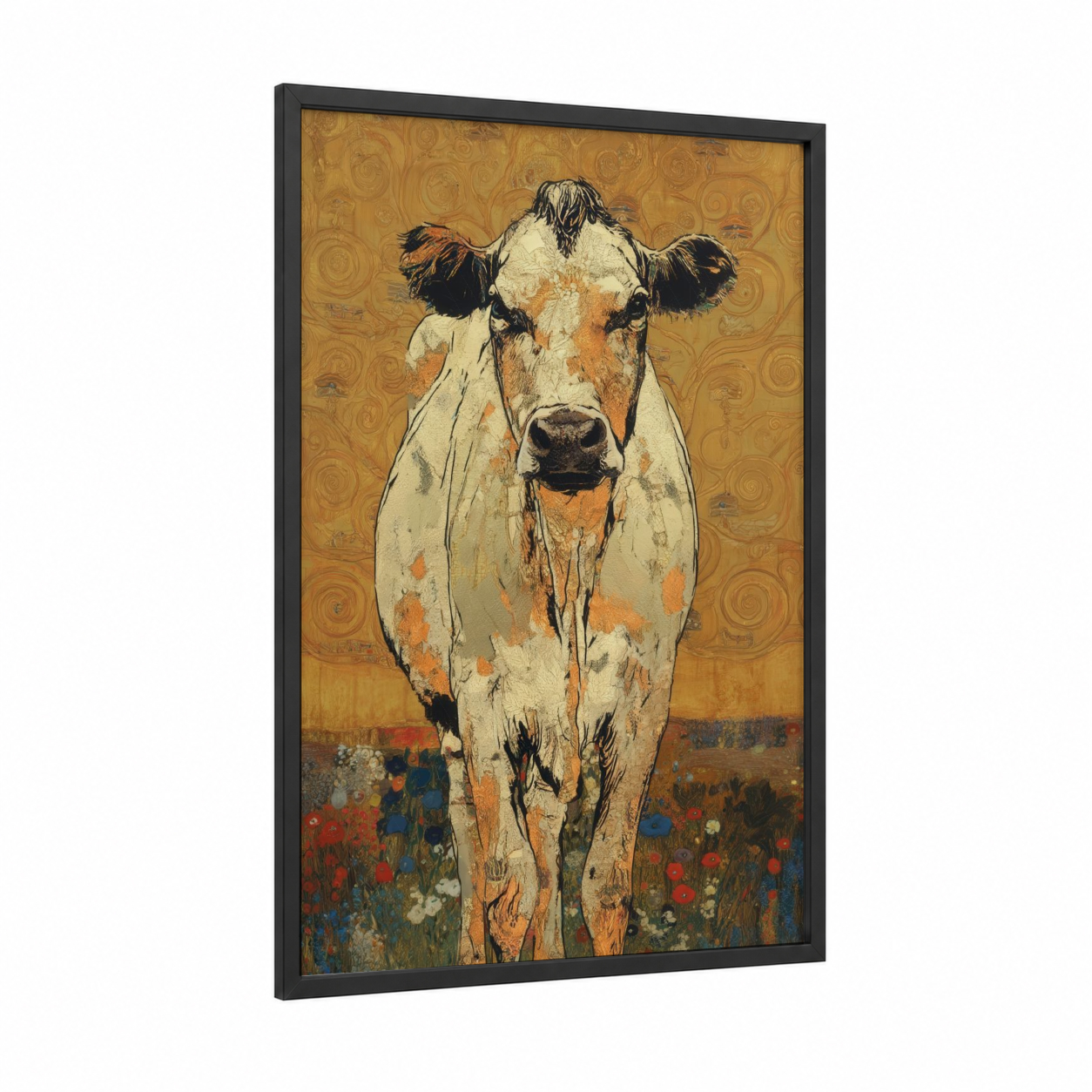 Golden Meadow Cow framed jersey cow print — black wood frame — gold and cream palette