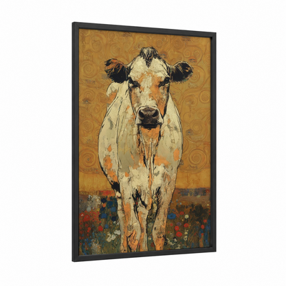 Golden Meadow Cow framed jersey cow print — black wood frame — gold and cream palette