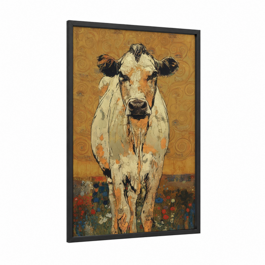 Golden Meadow Cow framed jersey cow print — black wood frame — gold and cream palette
