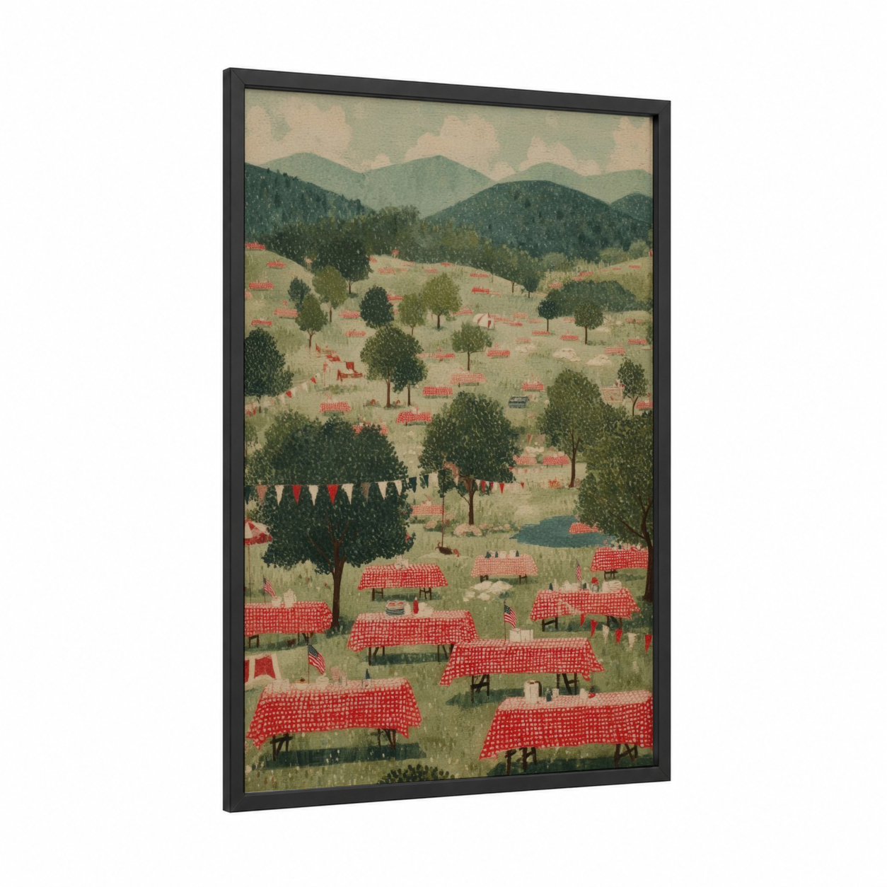 Picnic Celebration Landscape framed 4th of july print — black wood frame — light green and cream palette