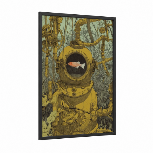 Steampunk Zebrafish framed art print — black wood frame — gold and gray palette