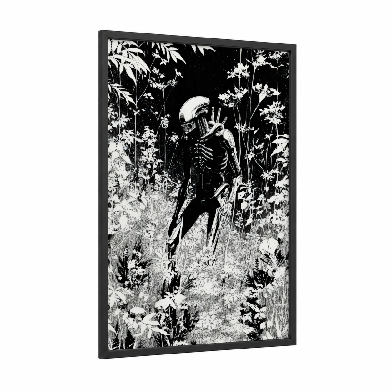 Alien Botanist framed extraterrestrial print — black wood frame — black and white palette