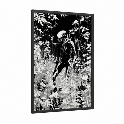 Alien Botanist framed extraterrestrial print — black wood frame — black and white palette