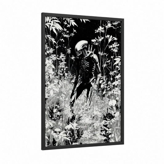 Alien Botanist framed extraterrestrial print — black wood frame — black and white palette