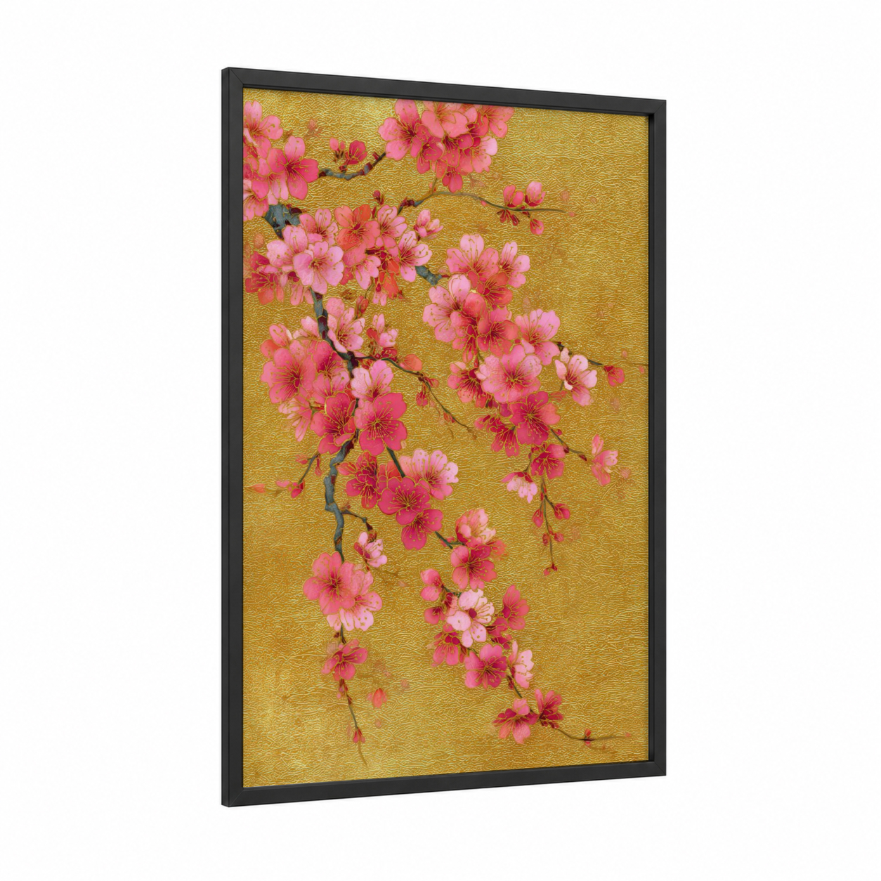 Pink Cherry Blossoms framed art print — black wood frame — gold and pink palette