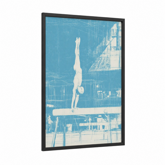 Handstand Gymnast framed gymnastics print — black wood frame — blue and white and turquoise palette